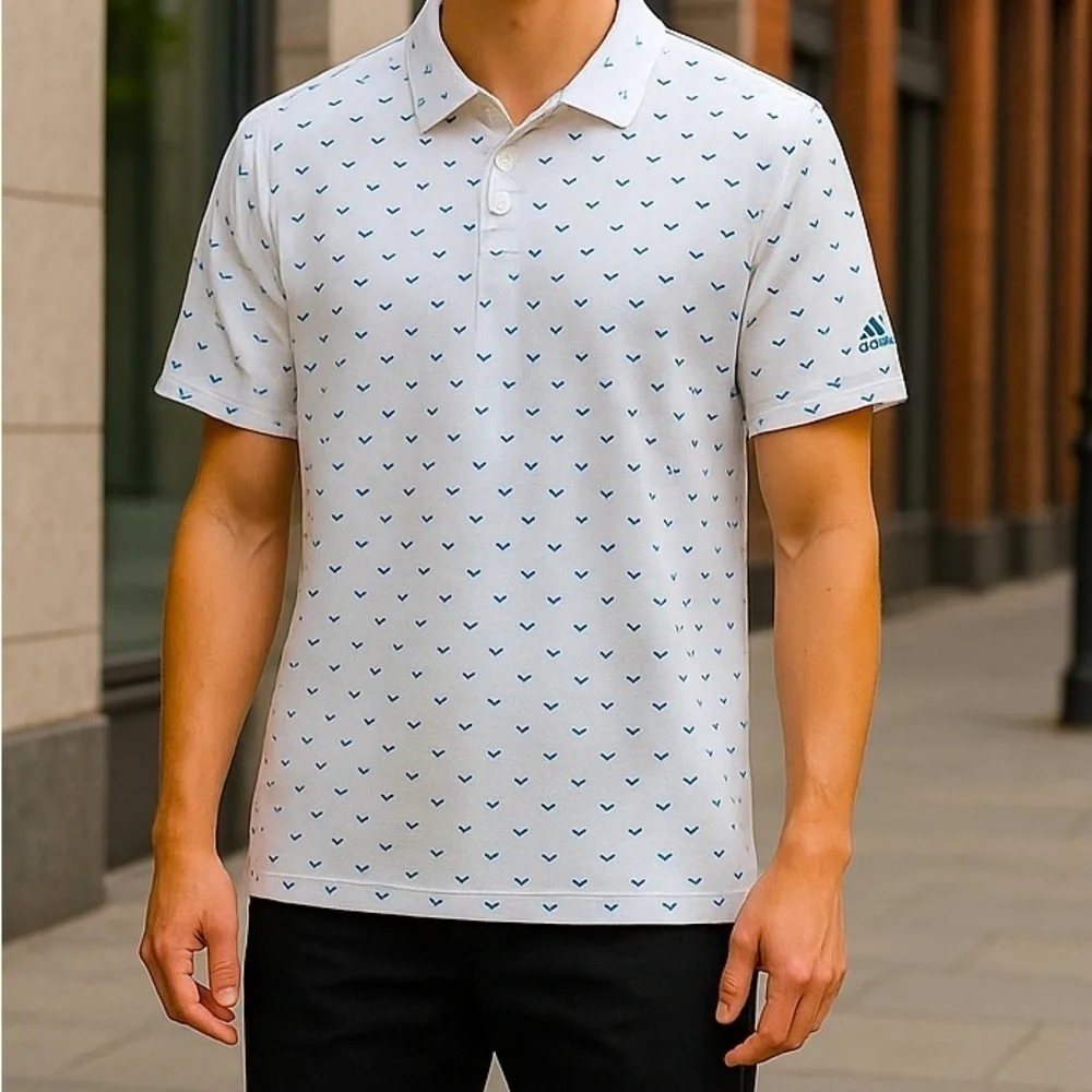 Adidas Golf Polo Shirt  Mens LARGE White All Over Print Performance UPF Stretch